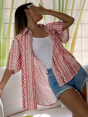 DAZY Women Holiday Casual Geometric Printed Short Sleeve Shirt