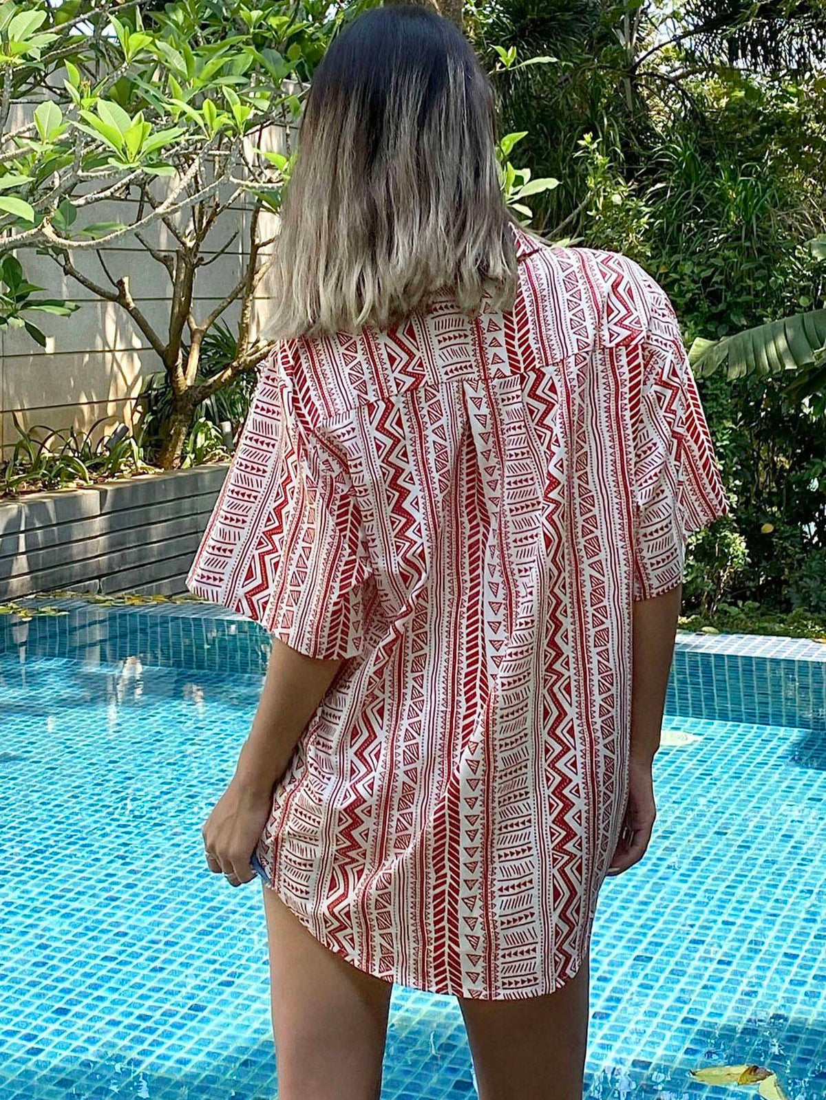 DAZY Women Holiday Casual Geometric Printed Short Sleeve Shirt