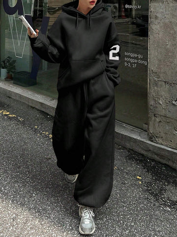 DAZY Women Hooded Sweatshirt And Drawstring Hem Sweatpants Set, Casual