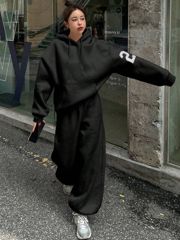 DAZY Women Hooded Sweatshirt And Drawstring Hem Sweatpants Set, Casual