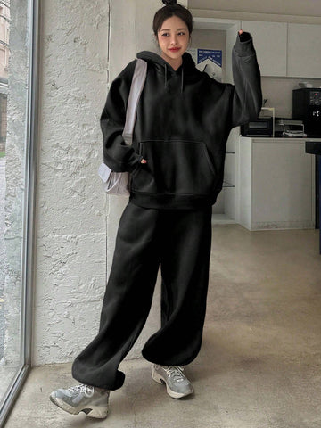 DAZY Women Hooded Sweatshirt And Drawstring Hem Sweatpants Set, Casual