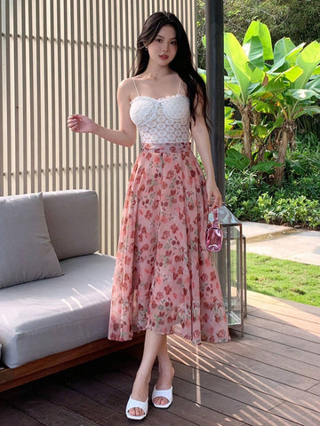 DAZY Women Irregular Floral Chiffon Skirt Mid-Length High Waist A-Line Skirt