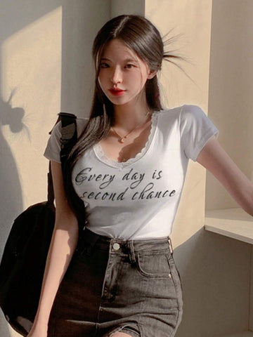 DAZY Women Lace Patchwork Slim Fit Casual T-Shirt