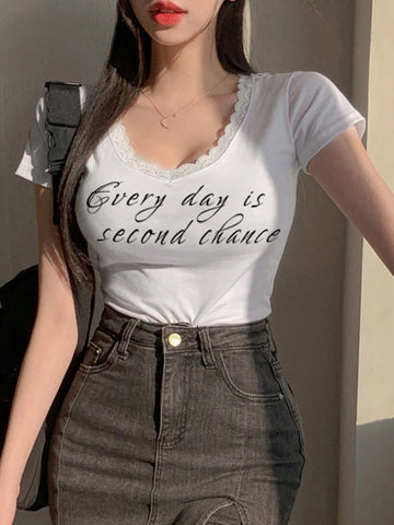 DAZY Women Lace Patchwork Slim Fit Casual T-Shirt