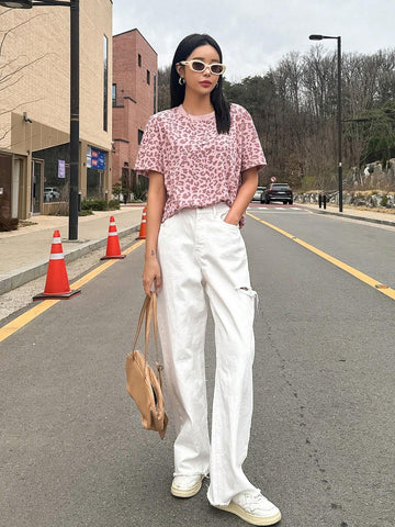 Women Leopard Print Loose-Fit Short Sleeve T-Shirt Summer