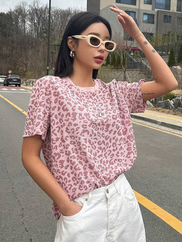 Women Leopard Print Loose-Fit Short Sleeve T-Shirt Summer