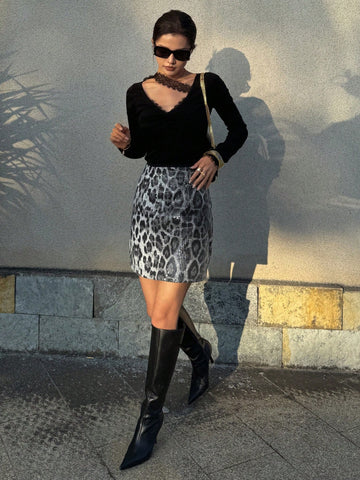 DAZY Women Leopard Print & Sequins Decor Skirt, Suitable For Spring/Summer, Valentine's Day, Chinese New Year