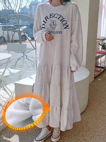 DAZY Women Letter Print Ruffle Hem Loose Casual Dress With Fleece Lining