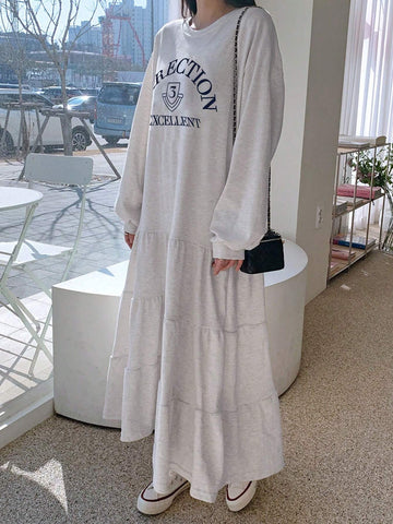 DAZY Women Letter Print Ruffle Hem Loose Casual Dress With Fleece Lining