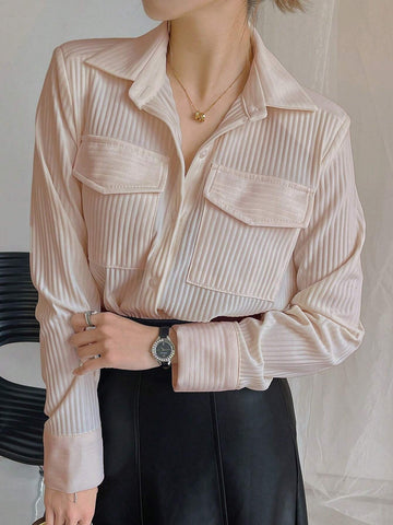 DAZY Women Loose Collar Patchwork Pocket Casual T-Shirt Blouse