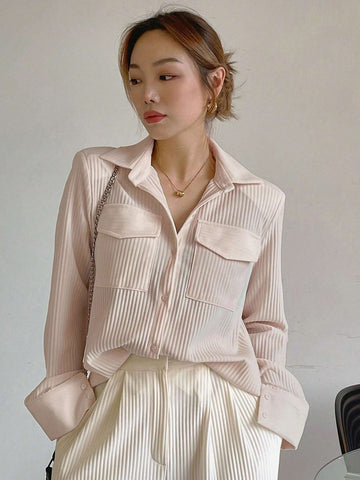 DAZY Women Loose Collar Patchwork Pocket Casual T-Shirt Blouse