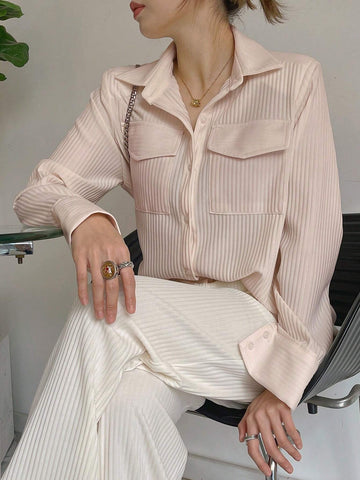 DAZY Women Loose Collar Patchwork Pocket Casual T-Shirt Blouse