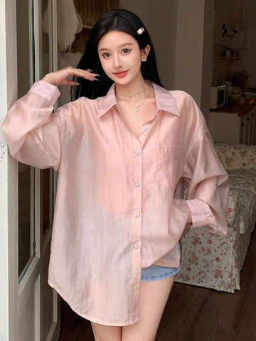 Women Loose Drop Shoulder Long Sleeve Sheer Shirt, Spring/Summer