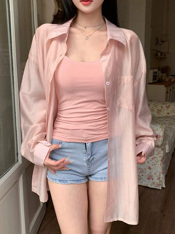Women Loose Drop Shoulder Long Sleeve Sheer Shirt, Spring/Summer