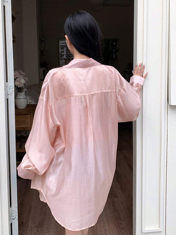 Women Loose Drop Shoulder Long Sleeve Sheer Shirt, Spring/Summer