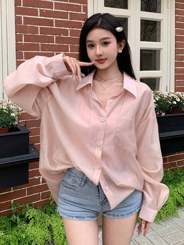Women Loose Drop Shoulder Long Sleeve Sheer Shirt, Spring/Summer