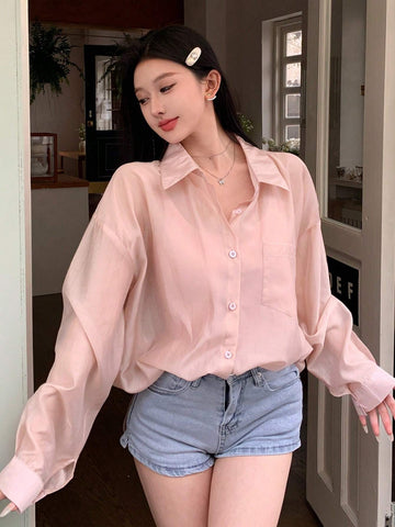 Women Loose Drop Shoulder Long Sleeve Sheer Shirt, Spring/Summer