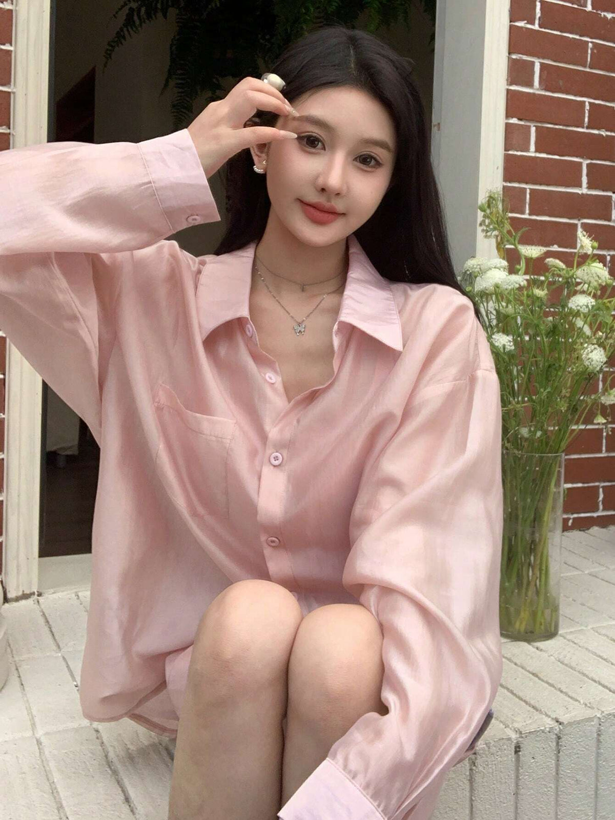 Women Loose Drop Shoulder Long Sleeve Sheer Shirt, Spring/Summer