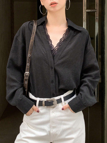 DAZY Women Loose Fit Lace Patchwork Long Sleeve Blouse