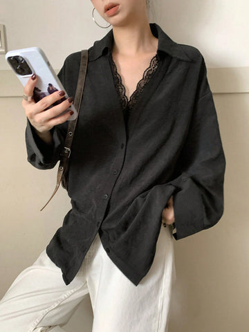 DAZY Women Loose Fit Lace Patchwork Long Sleeve Blouse