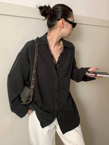 DAZY Women Loose Fit Lace Patchwork Long Sleeve Blouse