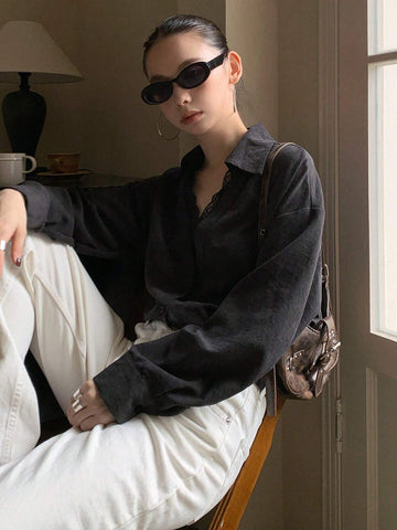 DAZY Women Loose Fit Lace Patchwork Long Sleeve Blouse