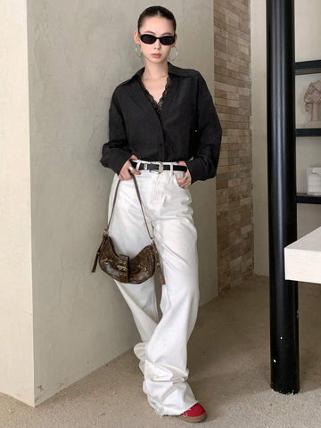 DAZY Women Loose Fit Lace Patchwork Long Sleeve Blouse