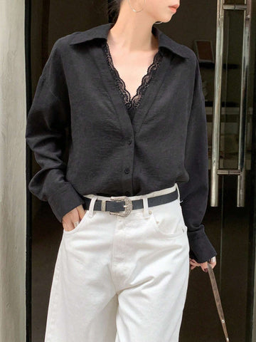 DAZY Women Loose Fit Lace Patchwork Long Sleeve Blouse