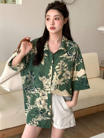 DAZY Women Loose Floral Printed Front Button Down Collared Shirt