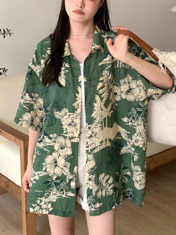 DAZY Women Loose Floral Printed Front Button Down Collared Shirt