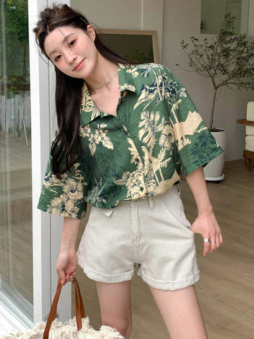 DAZY Women Loose Floral Printed Front Button Down Collared Shirt