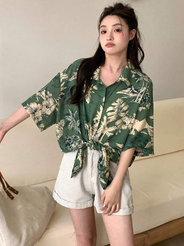 DAZY Women Loose Floral Printed Front Button Down Collared Shirt