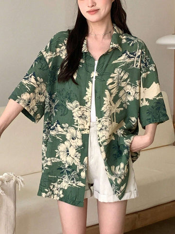 DAZY Women Loose Floral Printed Front Button Down Collared Shirt