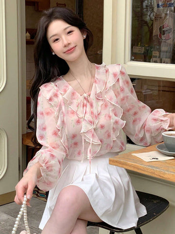 DAZY Women Loose Long Sleeve Shirt With Ruffle Neckline, Front Tie And Floral Print For Spring/Summer