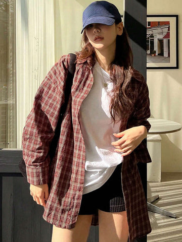 DAZY Women Loose Plaid Turn-Down Collar Long Shirt