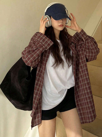 DAZY Women Loose Plaid Turn-Down Collar Long Shirt