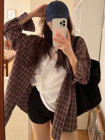 DAZY Women Loose Plaid Turn-Down Collar Long Shirt
