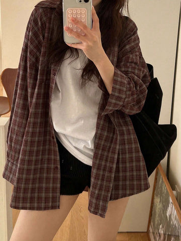DAZY Women Loose Plaid Turn-Down Collar Long Shirt