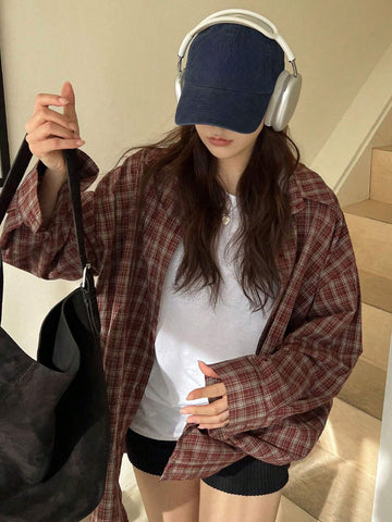 DAZY Women Loose Plaid Turn-Down Collar Long Shirt