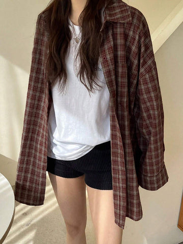 DAZY Women Loose Plaid Turn-Down Collar Long Shirt