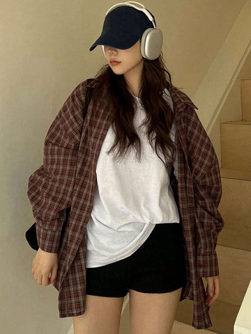 DAZY Women Loose Plaid Turn-Down Collar Long Shirt