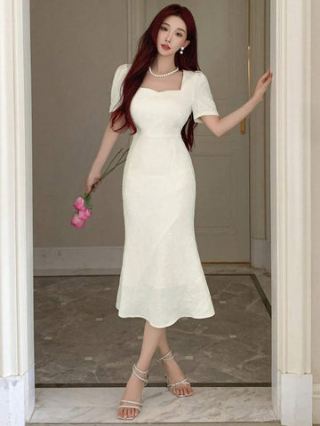 DAZY Women Mermaid Short Sleeve Party Elegant Solid Color Dress