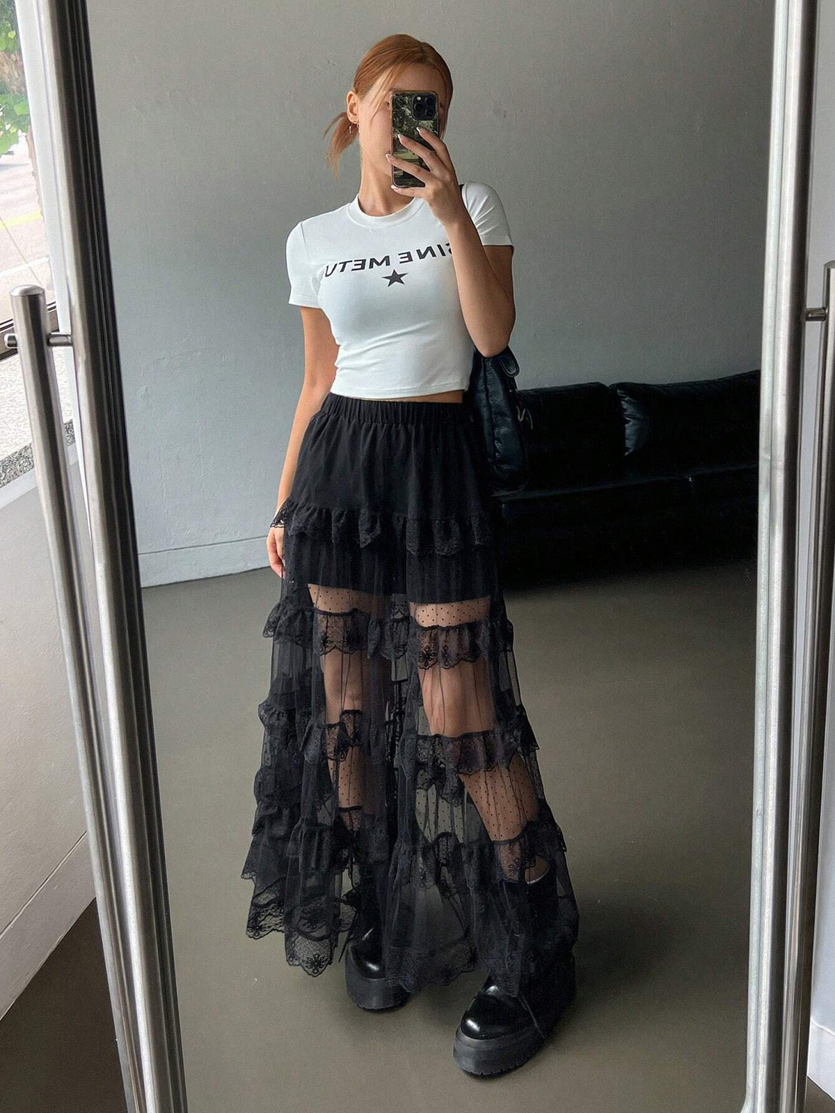 DAZY Women Mesh Semi-Sheer Lace Decor Skirt