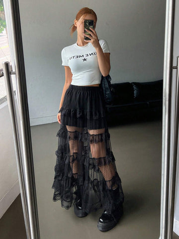 DAZY Women Mesh Semi-Sheer Lace Decor Skirt