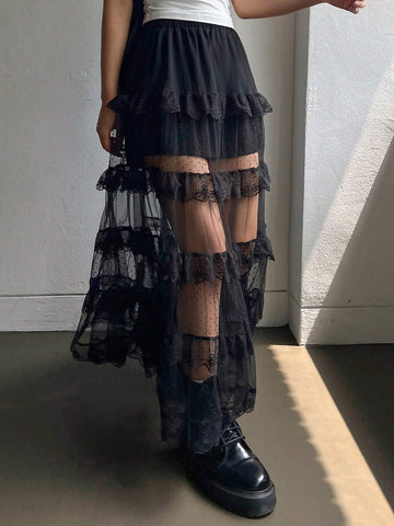 DAZY Women Mesh Semi-Sheer Lace Decor Skirt