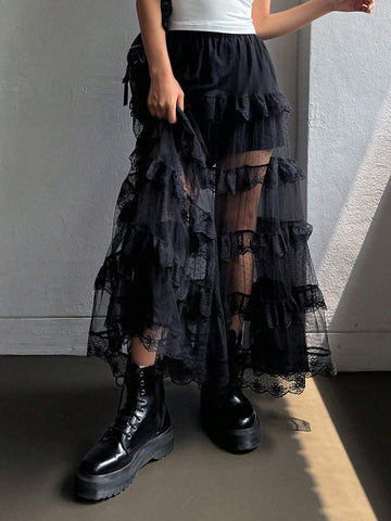 DAZY Women Mesh Semi-Sheer Lace Decor Skirt