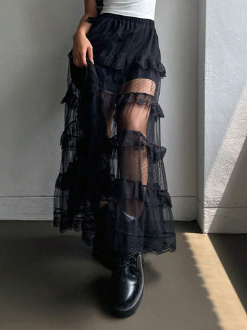 DAZY Women Mesh Semi-Sheer Lace Decor Skirt