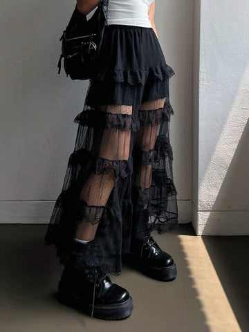 DAZY Women Mesh Semi-Sheer Lace Decor Skirt