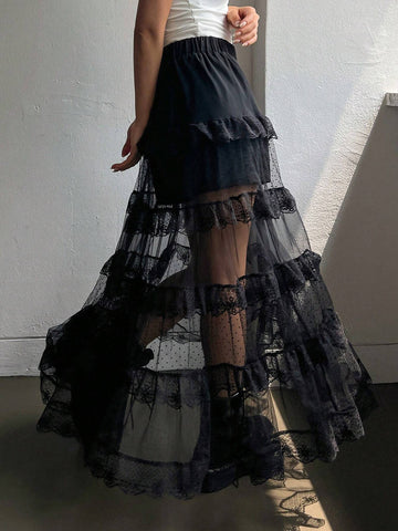 DAZY Women Mesh Semi-Sheer Lace Decor Skirt