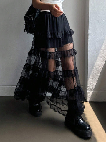 DAZY Women Mesh Semi-Sheer Lace Decor Skirt